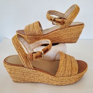 STUART WEITZMAN Sz 8 Tan Barbados Leather Braided Wedge Platform Sandals 3" NWOT